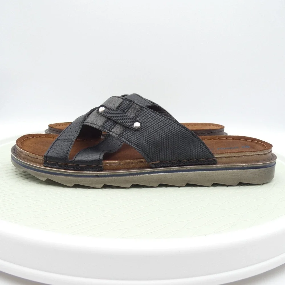 Inblu Buga Mens EUR 46 Summer Slippers Black Leather Cross Band Slip On Casual